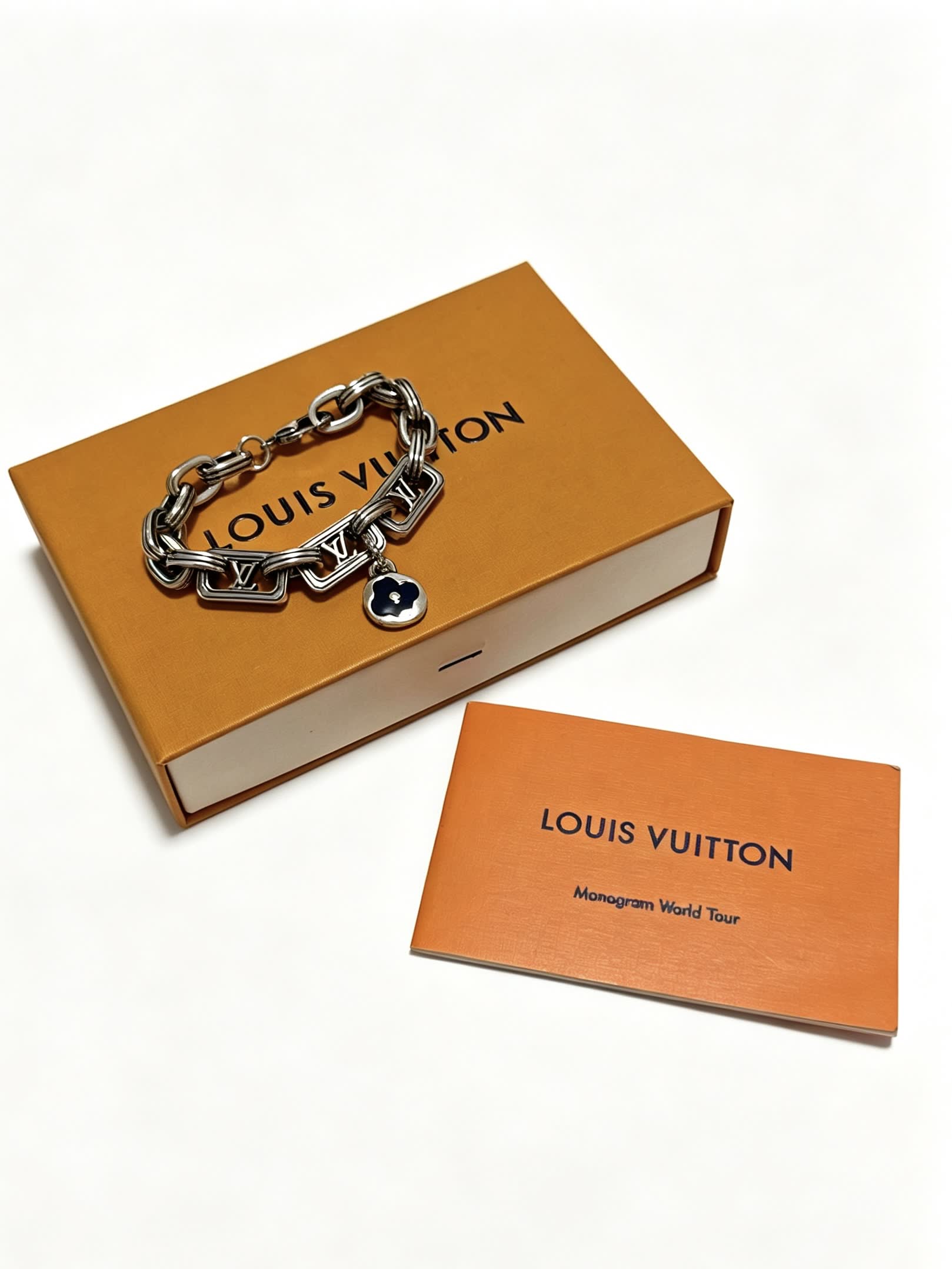 Louis Vuitton Silver Tone Bracelet with Monogram Charm